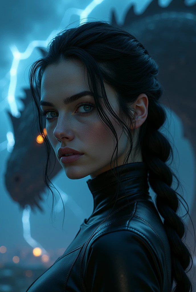 Close-up image, night background a dark thunderstorm, black and phosphorescent blue light, of an extremely beautiful woman, grayish eyes, black hair braided around the head like a ponytail , dressed in a leather turtleneck shirt, and a BIG dragon with golden eyes 
