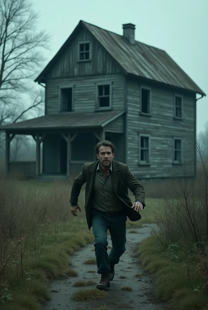 I want an image of a man running out of a wooden house in a village with a gloomy and desolate look.. The man must have a look of fear on his face as he runs away.. The house and the village must have an abandoned appearance, with details like broken windows, decayed wood, and vegetation that has grown out of control. The lighting should be dark and gloomy to intensify the feeling of terror and danger in the scene..”