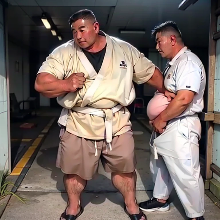 A Japanese chubby construction worker male is 40 years old, He has his penis exposed, His penis is small, hairy public hair, He is ejaculating semen, kneeling in front of an another male, A Japanese chubby construction worker male is giving a blowjob to the male:2, detailed mouth, He is looking at viewer, feel aroused, fucked silly, sexual ecstasy, Orgasm look, erotic humiliation, round face:2, droopy eyes, thick thighs, In a dark subway station at night, Super detail, Anatomically correct, dark warehouse at night, 