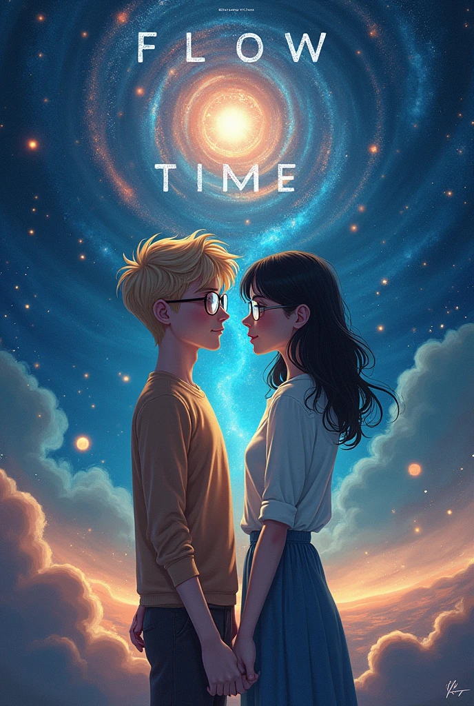 Romance book cover, with the name Flow of time Adult couple Blond boy, girl with black hair Both wear glasses Background with universe