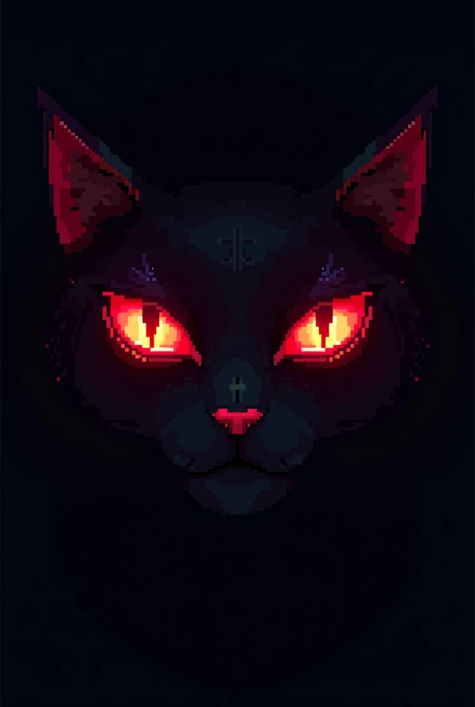 Create an image in 8-bit style focusing exclusively on a pair of demonic red cat eyes. The eyes should be intensely glowing with a piercing, malevolent gaze. They should be sharp, angular, and cat-like, with a dark, shadowy background to emphasize their sinister and otherworldly appearance. The entire image should have a retro, pixelated aesthetic, capturing the essence of 8-bit art