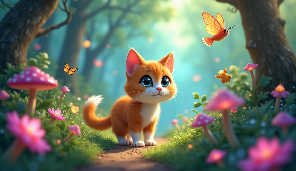 Create a charming and whimsical image of Whiskers, the curious orange and white cat, exploring a magical forest. Whiskers should be depicted with a look of wonder and excitement as he ventures along a path surrounded by fantastical elements. The forest should be vibrant and enchanted, with glowing flowers, sparkling trees, and friendly forest creatures like fairies, rabbits, and colorful birds.

The scene should capture the sense of adventure and discovery, with soft, magical lighting filtering through the trees. Whiskers could be interacting with the forest creatures, perhaps playfully chasing a butterfly or marveling at a glowing mushroom. The overall atmosphere should be joyful and inviting, highlighting Whiskers’ new friendships and the enchantment of his journey.