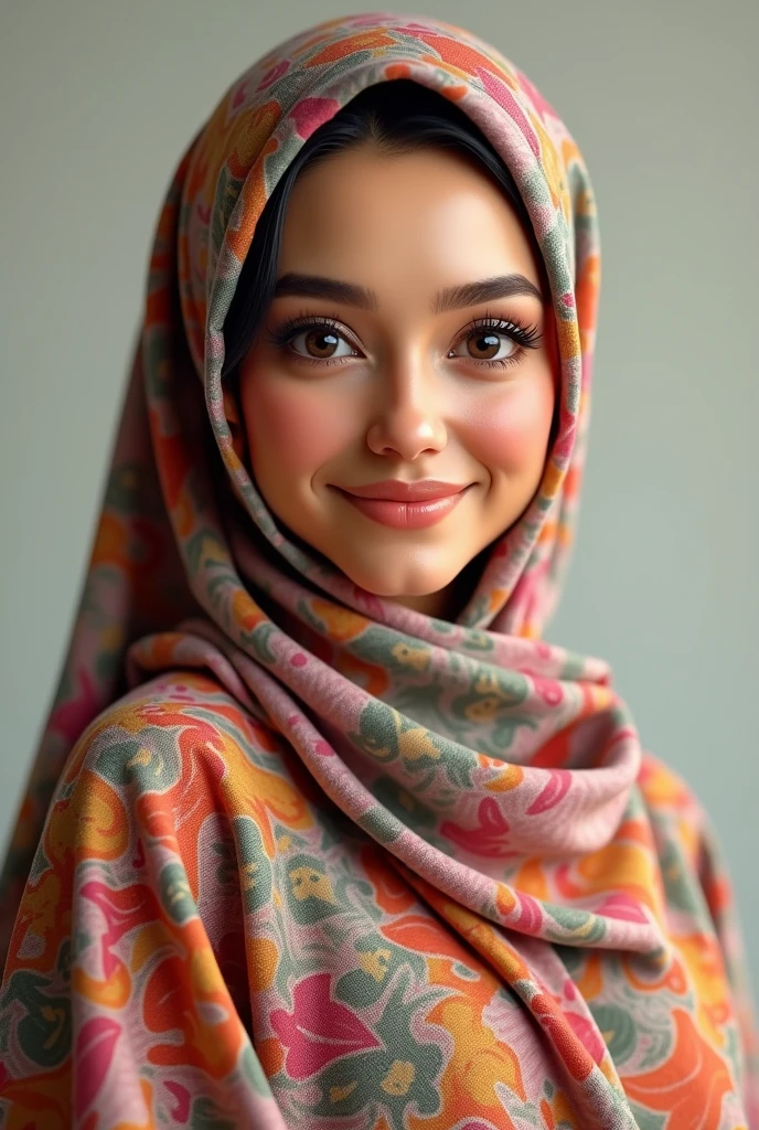 A beautiful fat woman,,perfect eyes,with elegance colourful hijab,medium body,eyes wink expression,,, 3d render