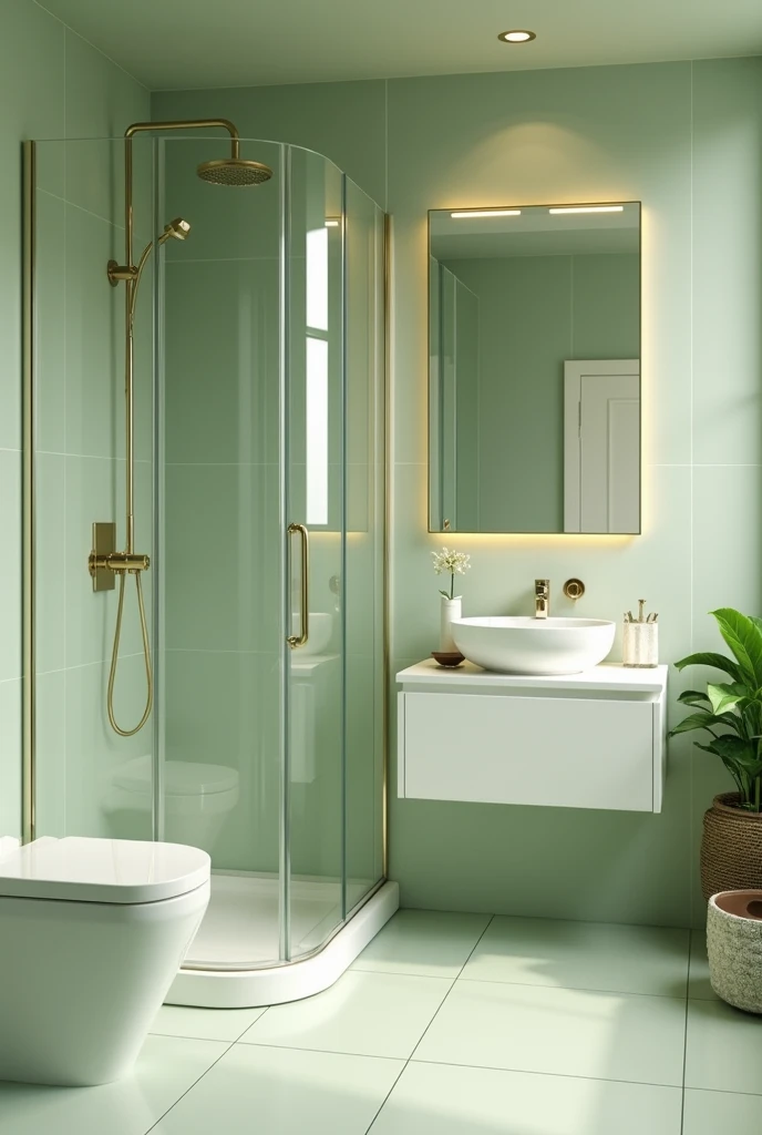 The bathroom exudes a serene elegance with its light olive green tiles, which provide a soothing backdrop. The walls, adorned with the same soft green, enhance the room's tranquility. A sleek glass shower chamber reflects the natural light, creating a sense of openness. The sink, complemented by a square mirror above it, adds a modern touch, while a neatly positioned toilet in the corner ensures functionality without disrupting the space’s calm aesthetic.
