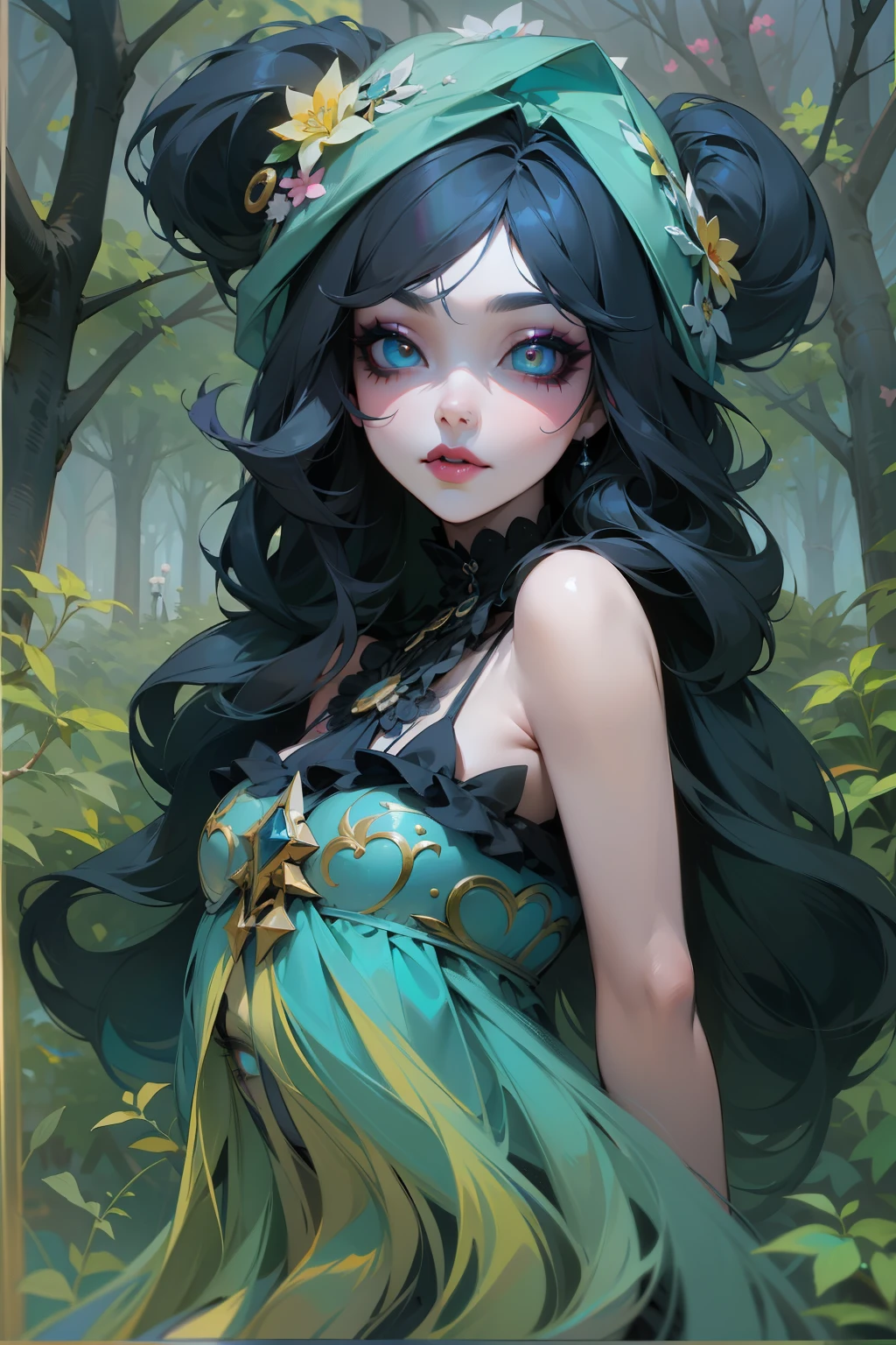 In a beautiful park a modern looking woman. It has a very colorful and eye-catching kawaii gothic style.., with elegant make-up and a colorful wig.