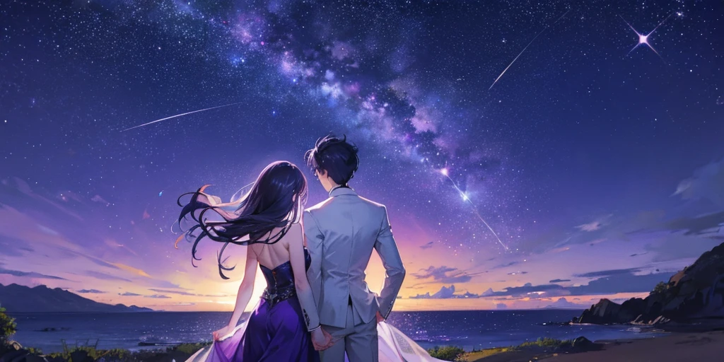 The back view of a couple has a large purple starry sky and shooting stars in the background