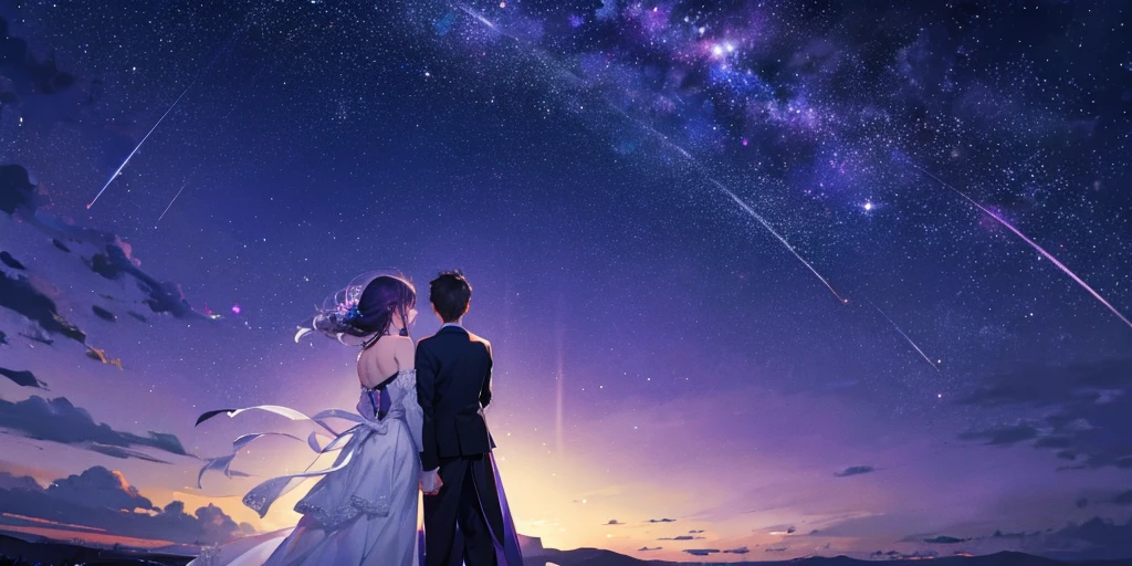 The back view of a couple has a large purple starry sky and shooting stars in the background