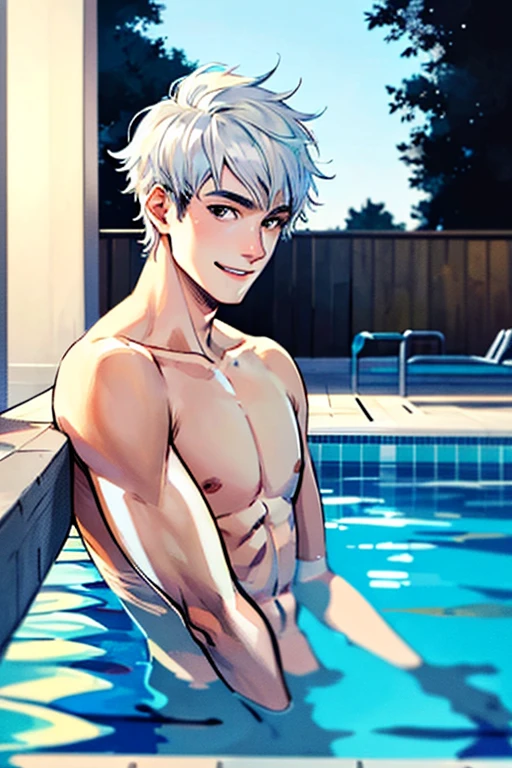 ((masterpiece)), (((best quality))), chromatic lighting,
colorized, white + black limited color palette,
detailed concept drawing,
swimming pool, nighttime, Shibuya street fashion, no weird object on his face,
portrait, 25yo 1guy, slender, topless, short white hair, black eyes, smiling