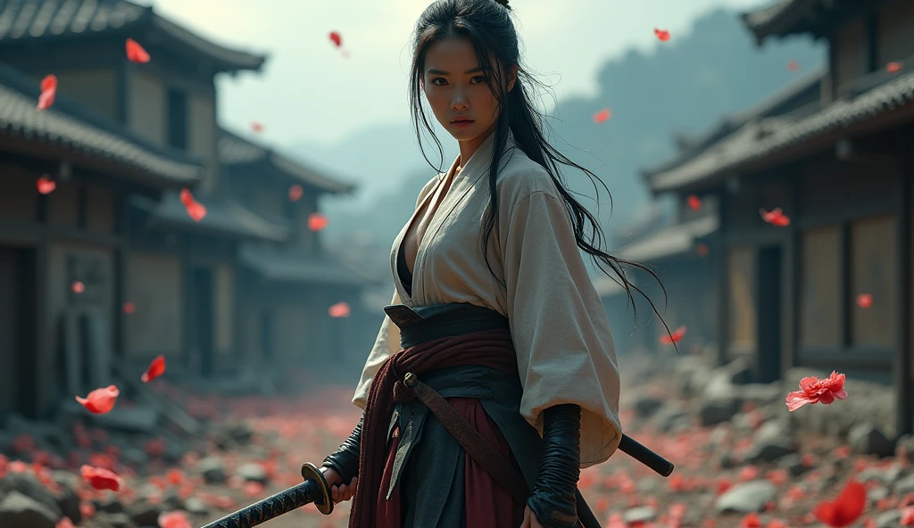 1girl, samurai warrior, katana sword, destroyed japanese village, battle scene, detailed facial features, beautiful rose petals on the ground, dramatic lighting, dark moody colors, cinematic composition, highly detailed, masterpiece, ultra-detailed, 8k, realistic, photorealistic