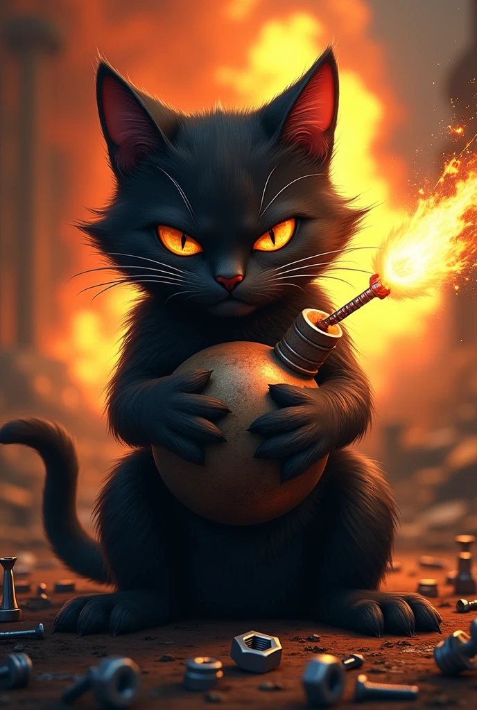 a cat with a bomb in its paws , explosives , bombi , nuts , black fur , fire , explosion , dynamite