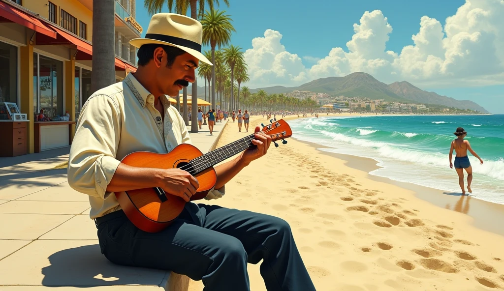 1934(masterpiece, best quality, broad view) man playing ukulele on the street(Avai beach)