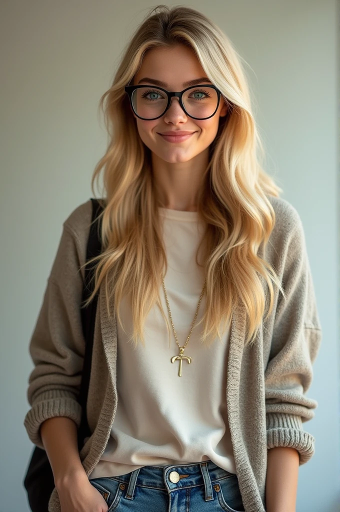 Create an image of a blonde woman with blue eyes wearing glasses and a college outfit