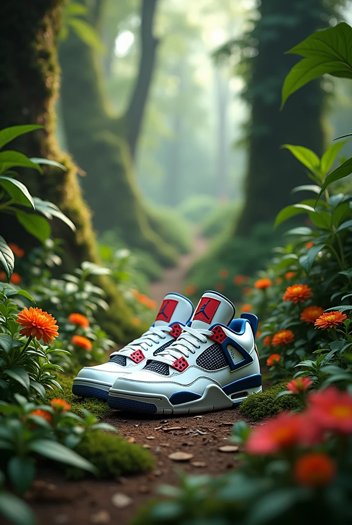 nike air jordan 4 sneakers with green plants and flowers in the middle of an enchanted forest, with a streetwear style background, ultra detailed, realistic, --ar 4:5 --v 6.1