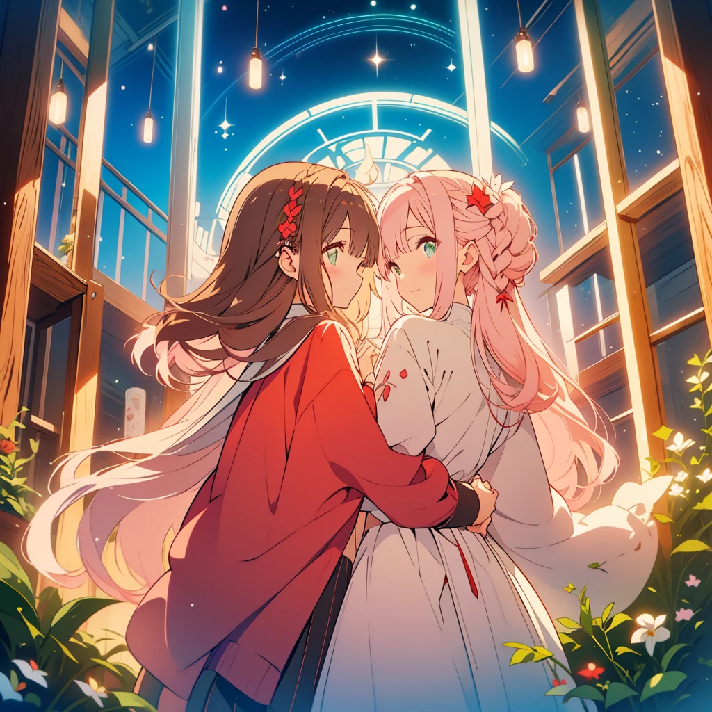 Snowdrop、A young girl with light pink hair and scarlet eyes、A girl with long dark brown hair and green eyes、Snowdropの花畑、Symmetrical、Back to Back、smile、Fantasy、dusk、Starry Sky、grassland、Holding hands、Reunion、A young girl with short light pink hair and scarlet eyes., Girl with long dark brown hair and green eyes