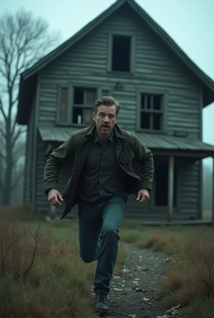 I want an image of a man running out of a wooden house in a village with a gloomy and desolate look.. The man must have a look of fear on his face as he runs away.. The house and the village must have an abandoned appearance, with details like broken windows, decayed wood, and vegetation that has grown out of control. The lighting should be dark and gloomy to intensify the feeling of terror and danger in the scene..”