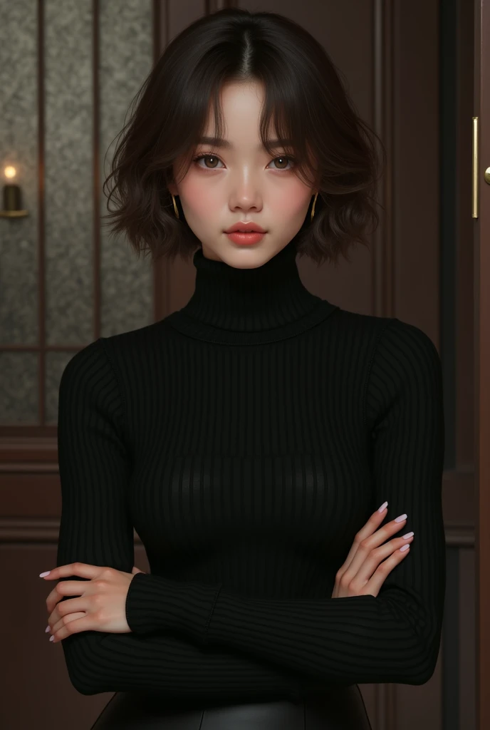 黒いturtleneckのセーターを着た日本女性、 (((masterpiece))), ((of the highest quality)), ((intricate details)), (((超realist)), irrational solution, The law of perspective, Very detailed, realist, 1 girl, ((big breasts)), perfect hands, Finger details, Beautiful and beautiful eyes, short hair, Brown eyes,(turtleneck:1.2), Tight skirt, detailed background, choker, Perfect eyes, captivating eyes, Looking at the audience, from the front、risa、moles around the mouth、Knitted dress