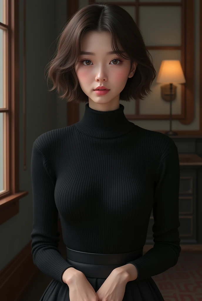黒いturtleneckのセーターを着た日本女性、 (((masterpiece))), ((of the highest quality)), ((intricate details)), (((超realist)), irrational solution, The law of perspective, Very detailed, realist, 1 girl, ((big breasts)), perfect hands, Finger details, Beautiful and beautiful eyes, short hair, Brown eyes,(turtleneck:1.2), Tight skirt, detailed background, choker, Perfect eyes, captivating eyes, Looking at the audience, from the front、risa、moles around the mouth、Knitted dress