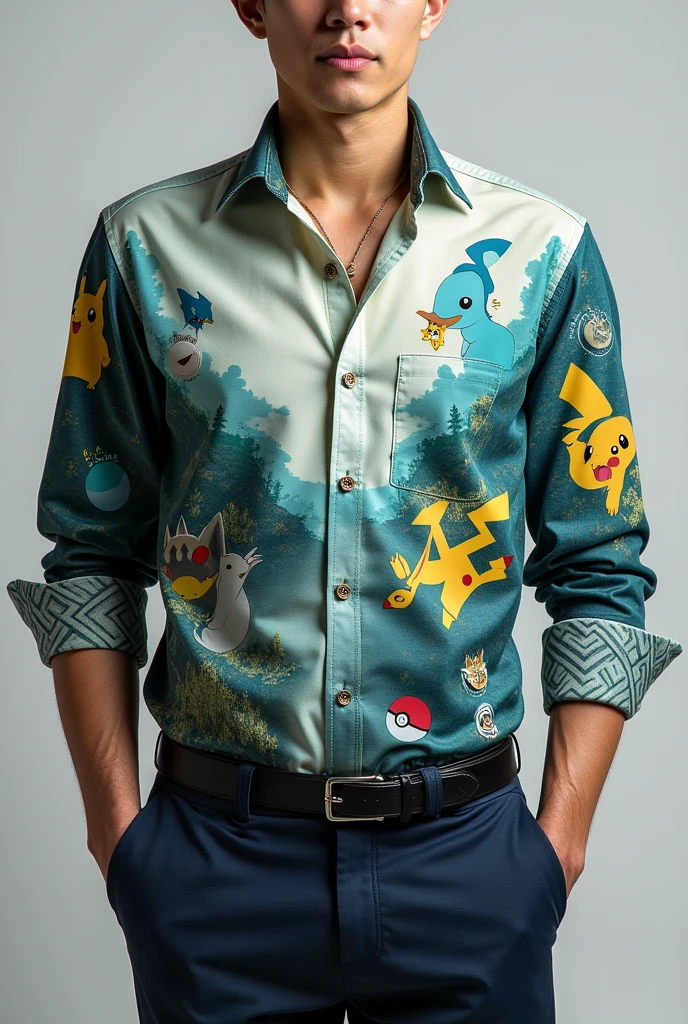 Suppose you are a fashion design expert and you were asked to make a formal executive men's shirt with a Pokémon theme., done you can use the tones of the elements, buttons to make a design with that theme 