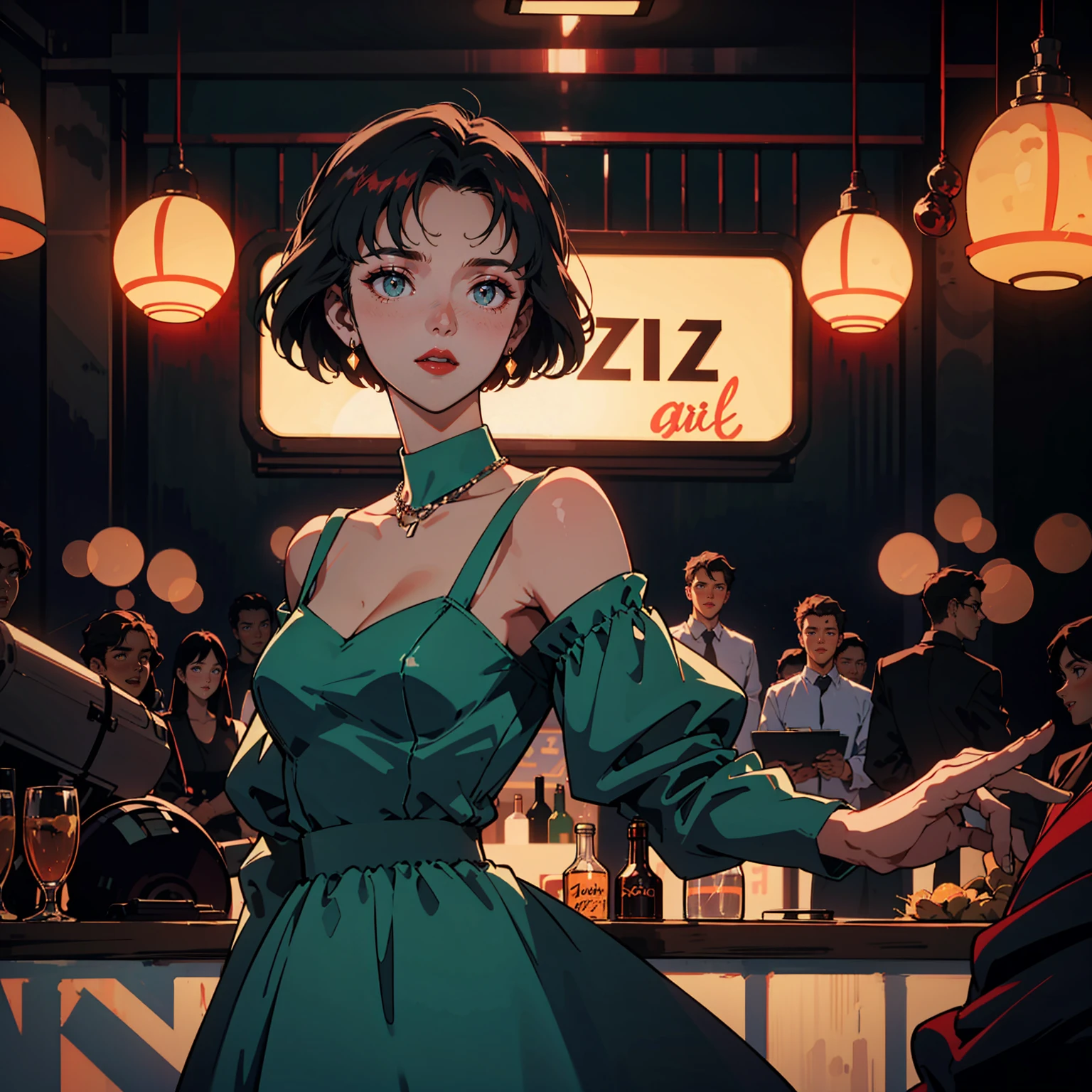 A jazz singer singing,An old bar in Paris, Take to the stage, A dress with atmosphere, Adult women , Cool look, (Backlight: 1.1), A scene from a movie, Soft Shadows, masterpiece, Highest quality, Complex, Model shooting style, Film Grain, Upshot、Red lipstick、Blue tones