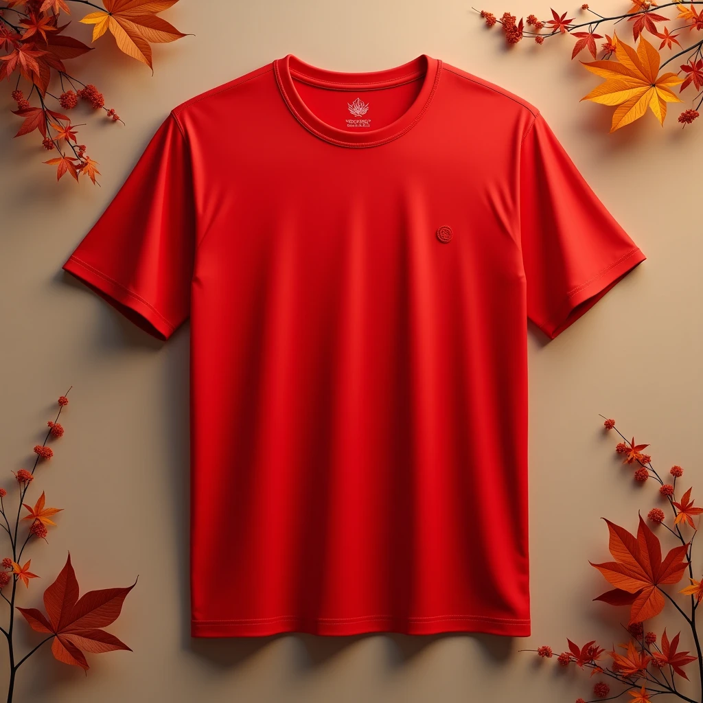 a red t-shirt mockup, flat lay, fall season, minimal, autumn background, studio lighting, (best quality,4k,8k,highres,masterpiece:1.2),ultra-detailed,(realistic,photorealistic,photo-realistic:1.37),extremely detailed