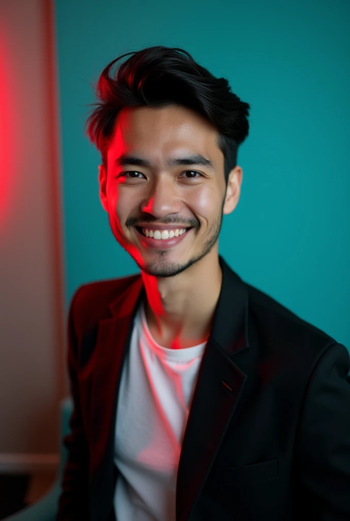 +

A young man with dark hair and a confident smile. He is dressed in a black blazer over a white shirt. The man is positioned against aqua colour backdrop with a subtle red lighting on the left side. and he posing for Linkedin profile