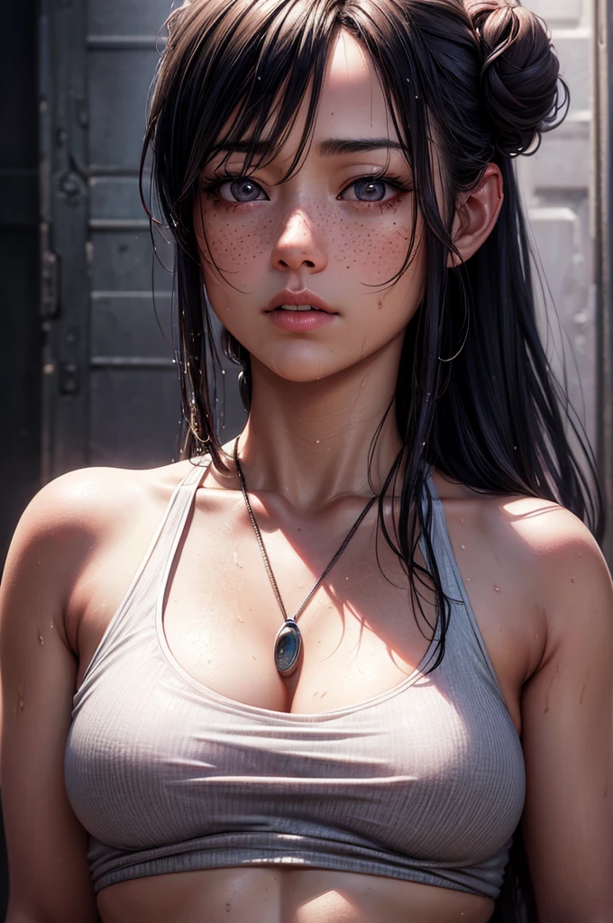 Kaori, Single model, solo, half Asian, half Latino, very long black hair in buns, freckles, blushing, wet eyes, long chain pendant, very large heavy breasts, chubby, belly, stretchmarks, fitted pink tank top (braless) small red lycra shorts (best quality,4k,8k,highres,masterpiece:1.2),ultra-detailed,(realistic,photorealistic,photo-realistic:1.37),detailed portrait, cinematic lighting, natural skin texture, intricate details, dramatic colors, moody atmosphere, seductive pose