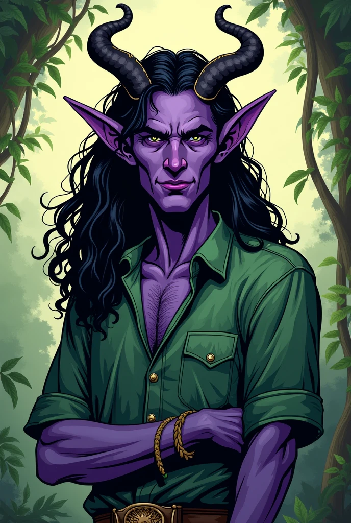 Create a tiefling druid with purple skin and small, curled horns. He has long, curly hair and wears a green shirt with intricate leaf patterns. His face should reflect maturity and wisdom, with well-defined features and a subtle, confident smile. Avoid a too-sweet or overly youthful expression; instead, give him a composed and serene demeanor. Use bold outlines and flat colors typical of traditional comic book art, ensuring that his proportions and details convey a sophisticated, mature appearance. Chifres pretos