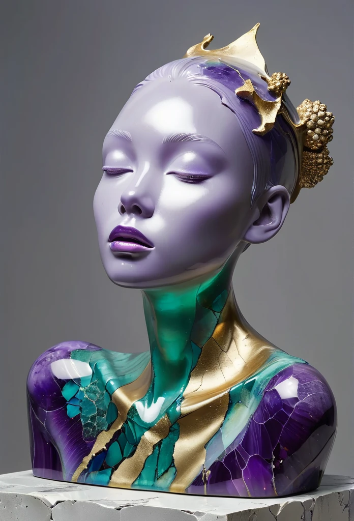 ((exhibit,Still Life Table,Abstract statues,3D Sculpture,amethysts,Surface cracks,Shattered Texture)), bright,Slender neck,Show the beauty of nature.purple and green theme,blue coral,Artistic Creativity:1.37.Kaneko,Golden powder, This artwork is presented on a grey background,Emphasize its artistic quality.Ray Tracing