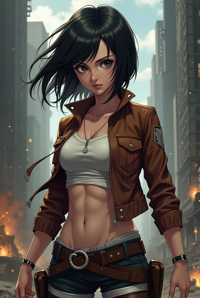 2d anime, Attack on titan Artstyle, female, shaggy hair, piercing black eyes, fierce, badass, lean figure
