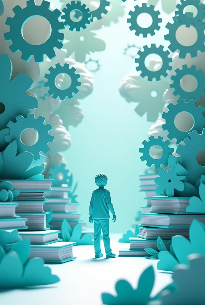 In the style of paper cut out and the combination of white and turquoise color of gear elements  About the introduction of sources and books 

