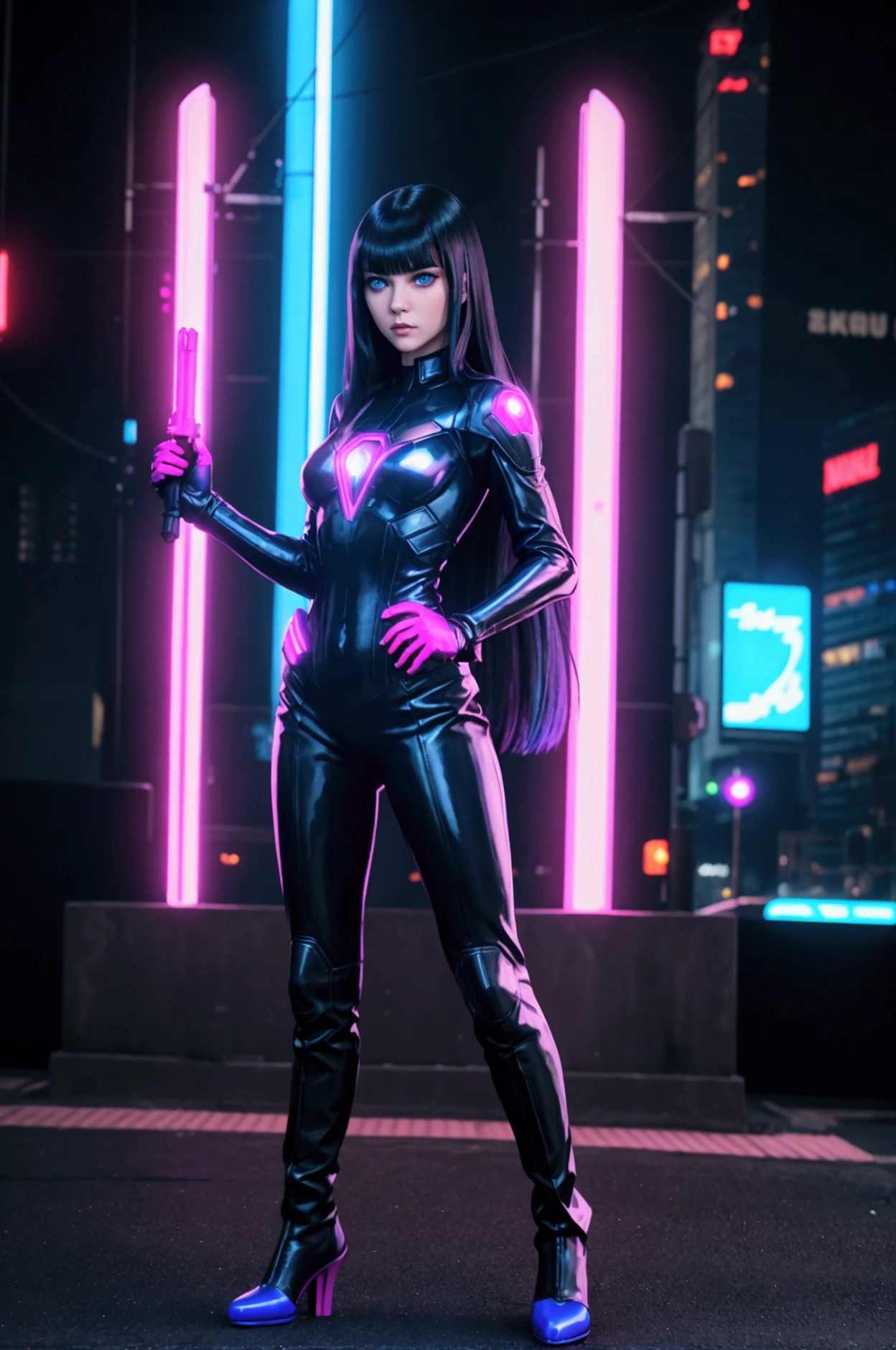 Masterpiece, Best quality, (photorealistic1.4), (UHD), (big breast), , (epiCRealLife:1.0), (flashphoto), (flash photography), (night time), (Jenna Ortega wearing cyberpunk bodysuit), (Jen_na smile))