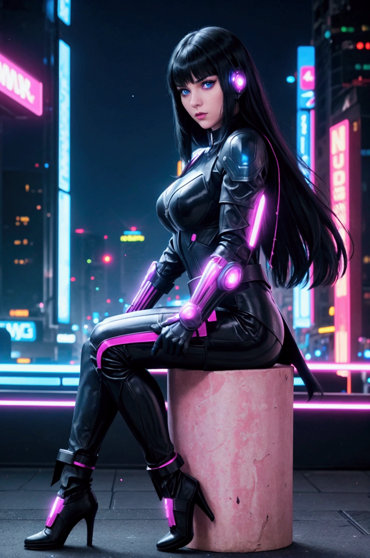Realistic 4k full body portrait, slim 18s girl, long straight black hair, long bangs. The girl is an Avenger, she has a superheroine leather suit. She has weapons in both hands. Her face is cute and she has big blue eyes. The background is a very realistic night Cyberpunk city with lots of magenta and blue bright neon signs.