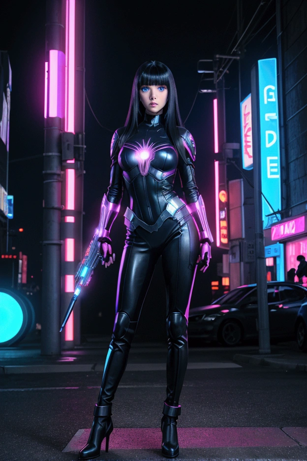 Realistic 4k full body portrait, slim 18s girl, long straight black hair, long bangs. The girl is an Avenger, she has a superheroine leather suit. She has weapons in both hands. Her face is cute and she has big blue eyes. The background is a very realistic night Cyberpunk city with lots of magenta and blue bright neon signs.