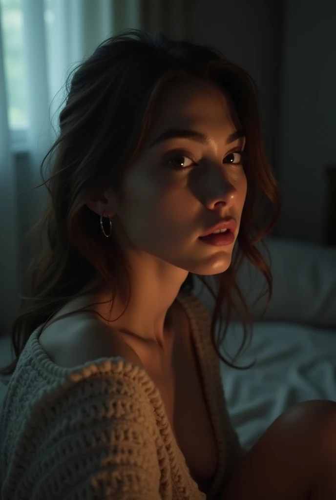 Sabrina Carpenter, in a black top and brown panties, lying on a bed, posando in bed, sitting in bed, posing in a bedroom, in bed, sitting on a bed, laying back in bed, in my bed, sitting on her bed, sexy, backlit, while posing in the same bed, lying on a bed