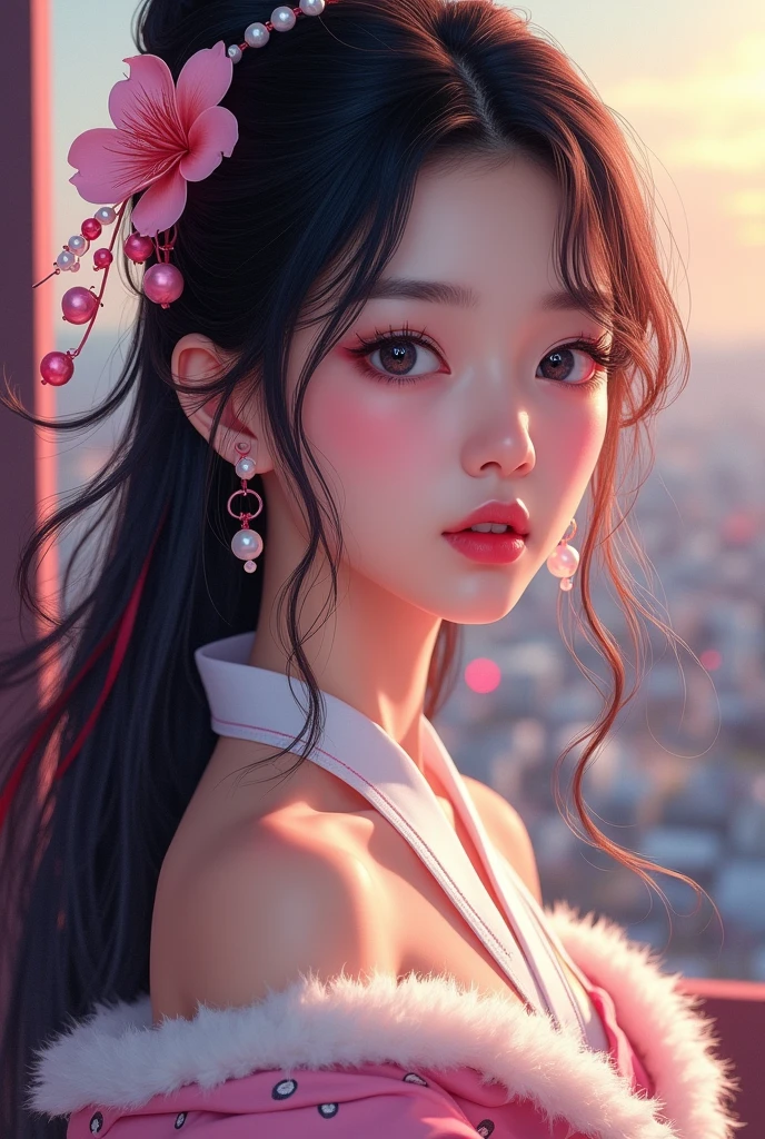 masterpiece,Best Quality,Very detailed,1 girl, Alone, (:3:0.9), korean,black hair with red, spongy fur, blush, blue eyes, flower, Pearl Necklace, gradient, background a city, hair flower, hair ornament, ropa korean linda , looking at the viewer, smile, beautiful lighting