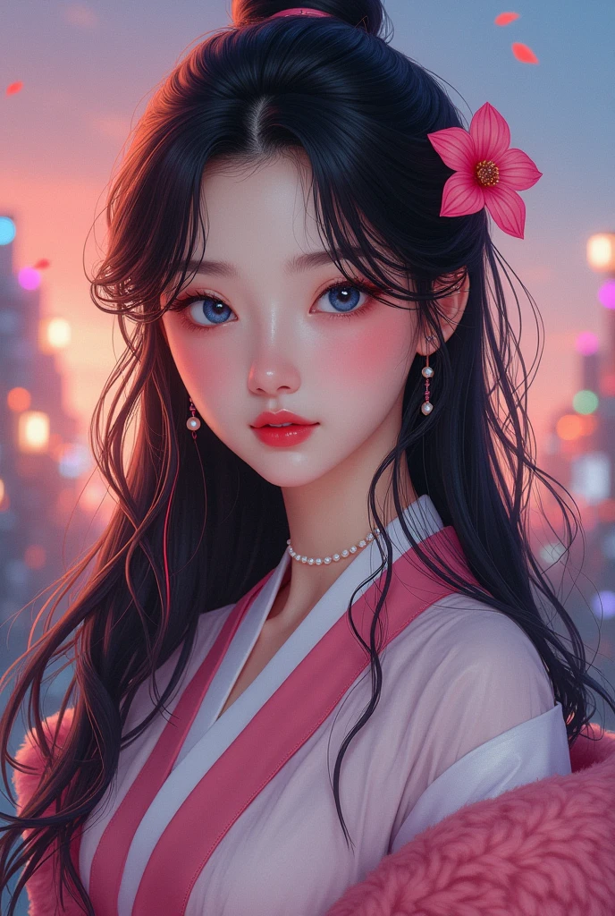 masterpiece,Best Quality,Very detailed,1 girl, Alone, (:3:0.9), korean,black hair with red, spongy fur, blush, blue eyes, flower, Pearl Necklace, gradient, background a city, hair flower, hair ornament, ropa korean linda , looking at the viewer, smile, beautiful lighting