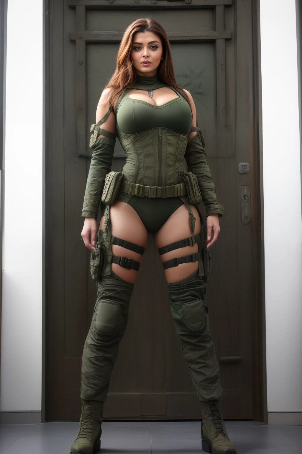 Full body photo of 50YO MATURE MILF AISHWARYA RAI as ATTRACTIVE ARMY MILF, FULL ARMY GEAR, COMBAT BOOTS, COMBAT GLOVES, KNEEPADS, CAMO PLATE CARRIER RIG, intricate details, POSING next to army helicopter, ((MOCKING LAUGH)), GREEN HIGHLIGHTED HAIR, day scene, mature hourglass figure, look straight at camera, sexy 50 yo mature MILF, soft volumetric lights, intricate details, (ArtStation:1.2)