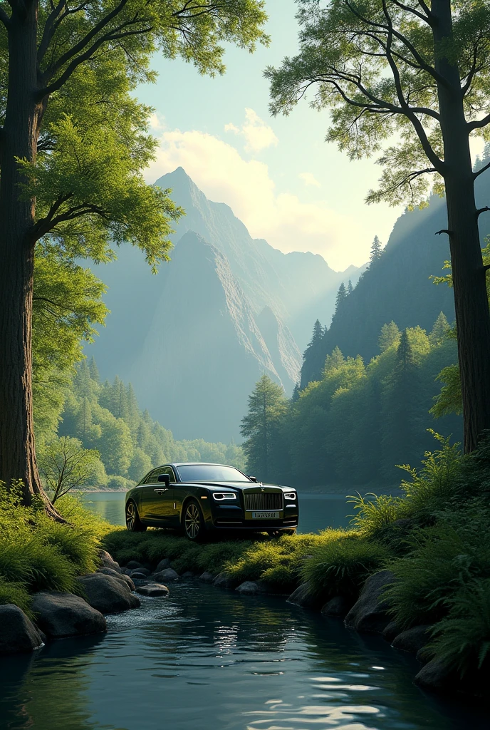 A forest and some mountains outside and a Rolls Royce inside the forest, even if there is a small river on the side of the forest.