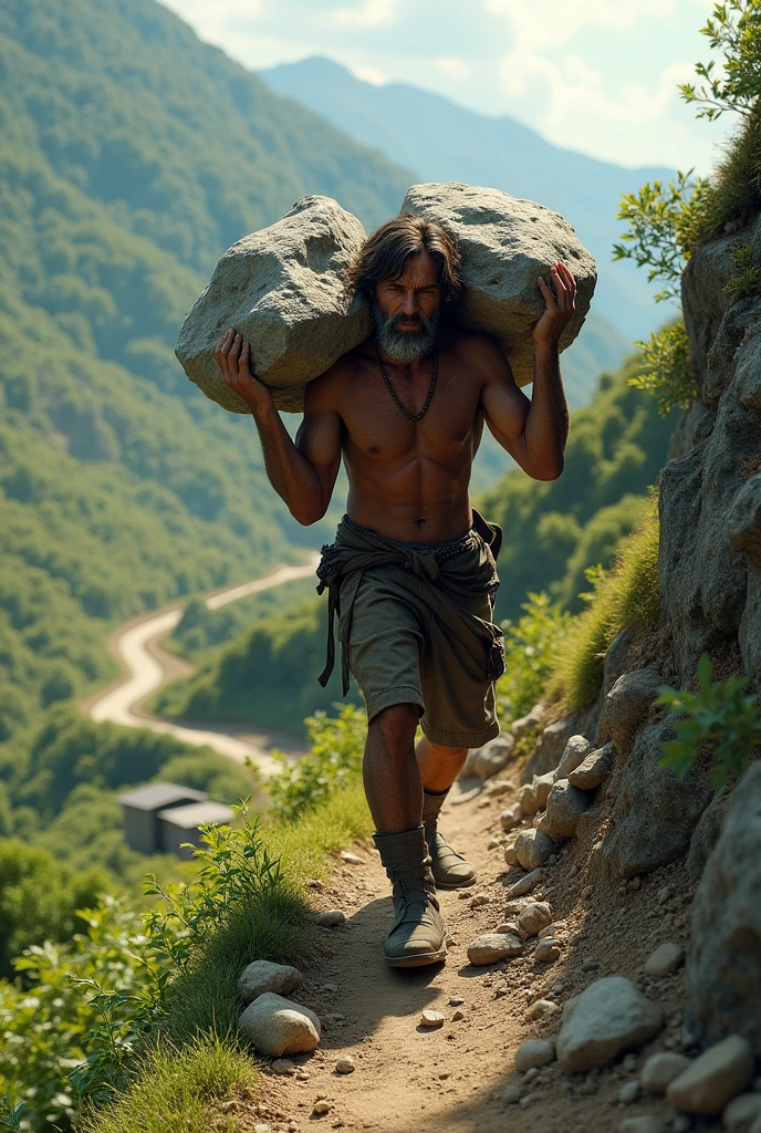 A man carrying stone to the top of the hill