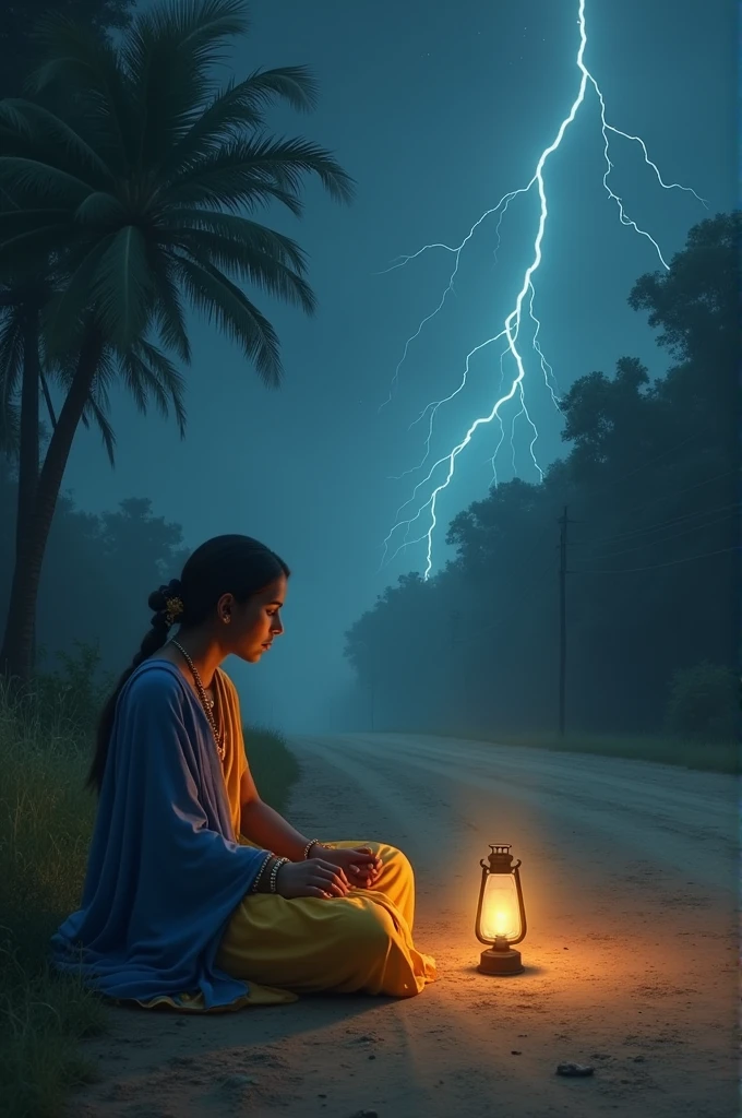 Upagupta ,the disciple of Buddha wearing sage clothes, is lying on the side of dusty road of Mathura without any pillow or any other amenities in 3rd Century BC at a stormy night and a young woman sits besides Upagupta .He just opens his eyes while lying on the road.She is dressed in blue mantle and is having young body and wearing anklets and has a old kerosene lamp in her hand.They both are alone and a lightning is struck at that time.