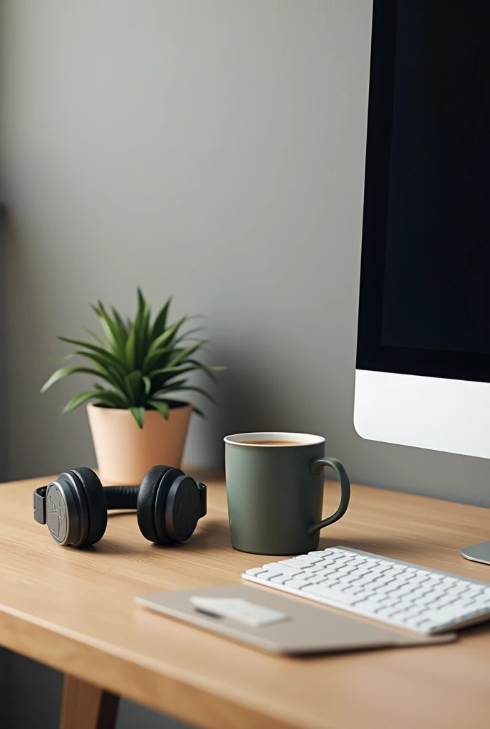 Create a banner with 1584*396 pixels with a computer and coffee with headphone on the table