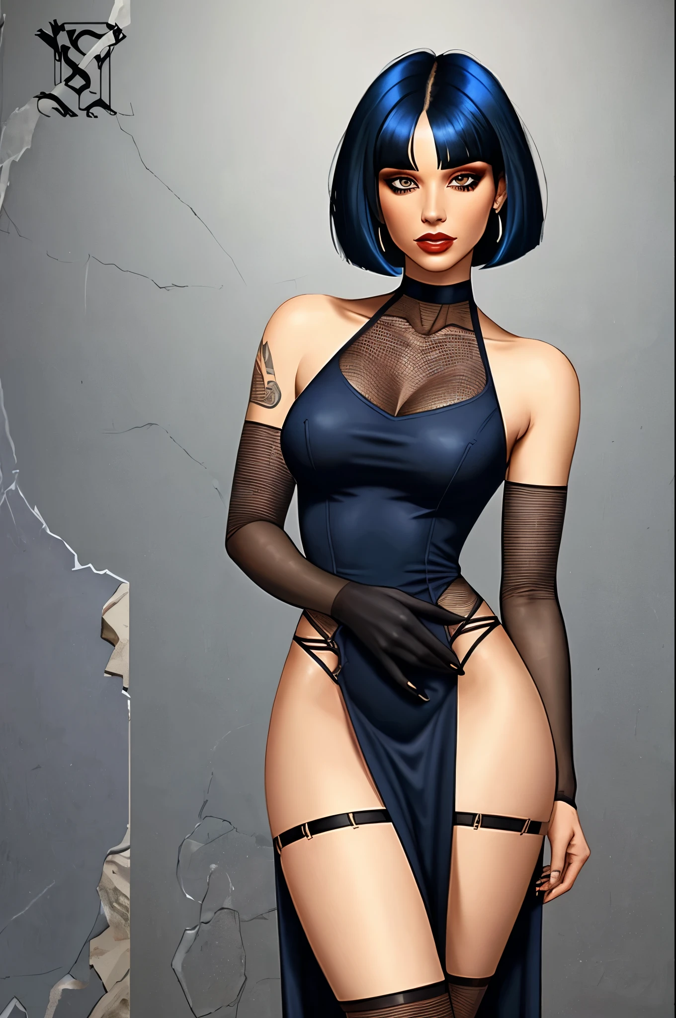 Blue black hair, bobcut, undercut, severe dress, leg slit, mesh