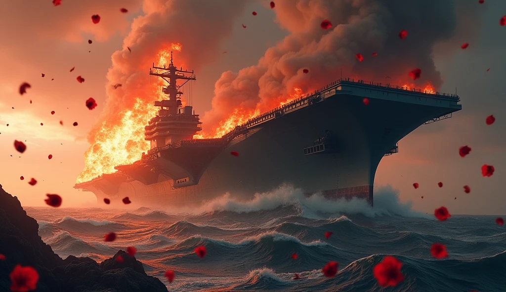 2024; (masterpiece, best quality) destroyed sea; big Navy aircraft carrier sinking; fire everywhere; Red roses falling into the sea.