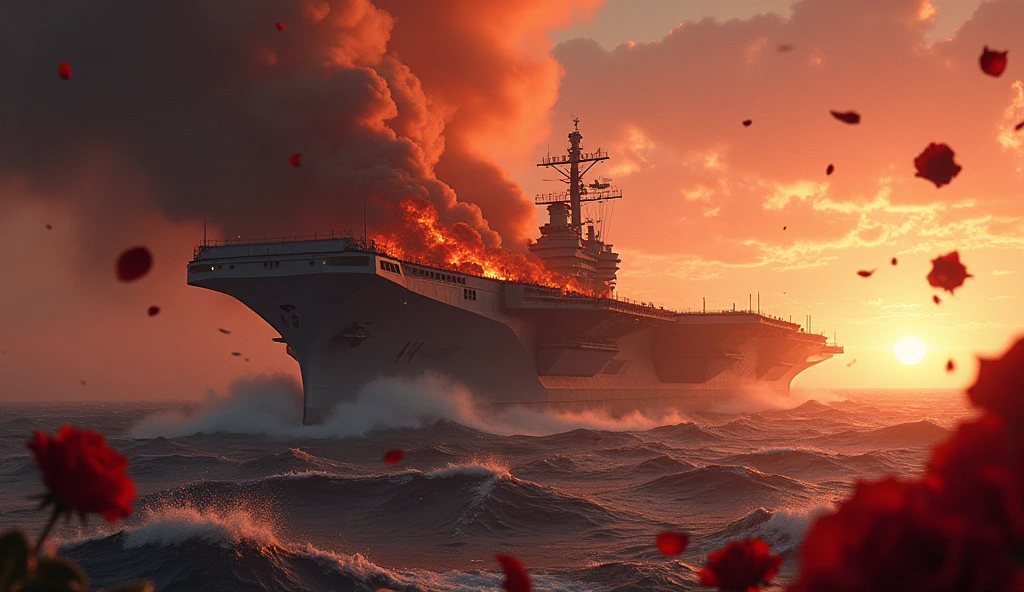 2024; (masterpiece, best quality) destroyed sea; big Navy aircraft carrier sinking; fire everywhere; Red roses falling into the sea.