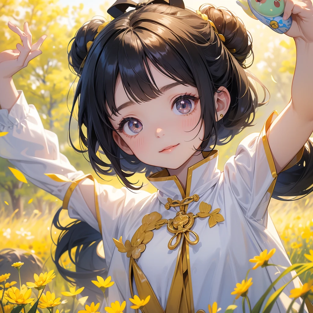 A chibi child girl had a small face and Wearing white little Taoist priest's outfit. A pair of big round eyes shone with curiosity about him. This child was so cute! ,her hair is black with two buns on her hair.small chibi, chibi baby, smiling,The little chibi baby looked up with his chest raised, and his face was old and proud.

Standing in the midst of a field of bright yellow gold fields.