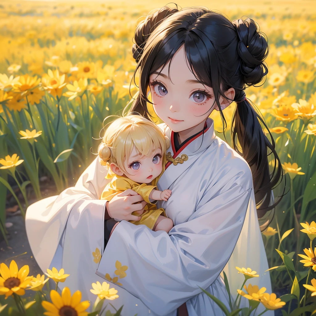 A chibi child girl had a small face and Wearing white little Taoist priest's outfit. A pair of big round eyes shone with curiosity about him. This child was so cute! ,her hair is black with two buns on her hair.small chibi, chibi baby, smiling,The little chibi baby looked up with his chest raised, and his face was old and proud.
Standing in the midst of a field of bright yellow gold fields.