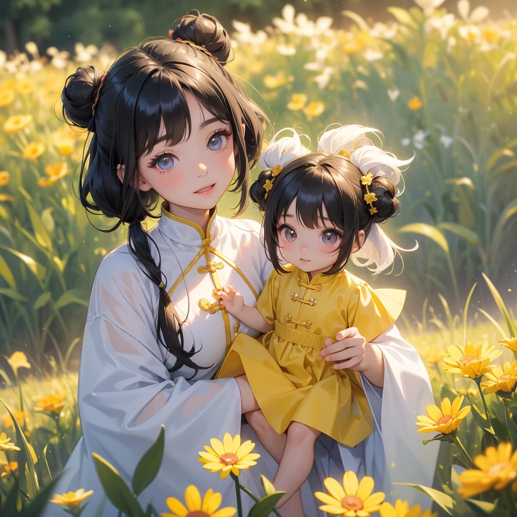 A chibi child girl had a small face and Wearing white little Taoist priest's outfit. A pair of big round eyes shone with curiosity about him. This child was so cute! ,her hair is black with two buns on her hair.small chibi, chibi baby, smiling,The little chibi baby looked up with his chest raised, and his face was old and proud.
Standing in the midst of a field of bright yellow gold fields.