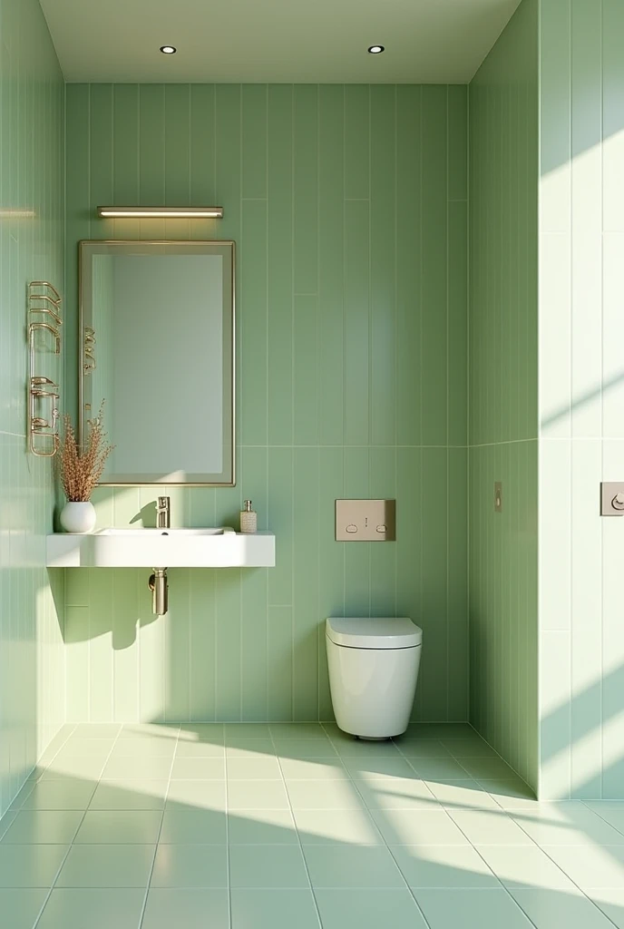 The bathroom exudes a serene elegance with its light olive green tiles, which provide a soothing backdrop. The walls, adorned with the same soft green, enhance the room's tranquility. A sleek glass shower chamber reflects the natural light, creating a sense of openness. The sink, complemented by a square mirror above it, adds a modern touch, while a neatly positioned toilet in the corner ensures functionality without disrupting the space’s calm aesthetic.
