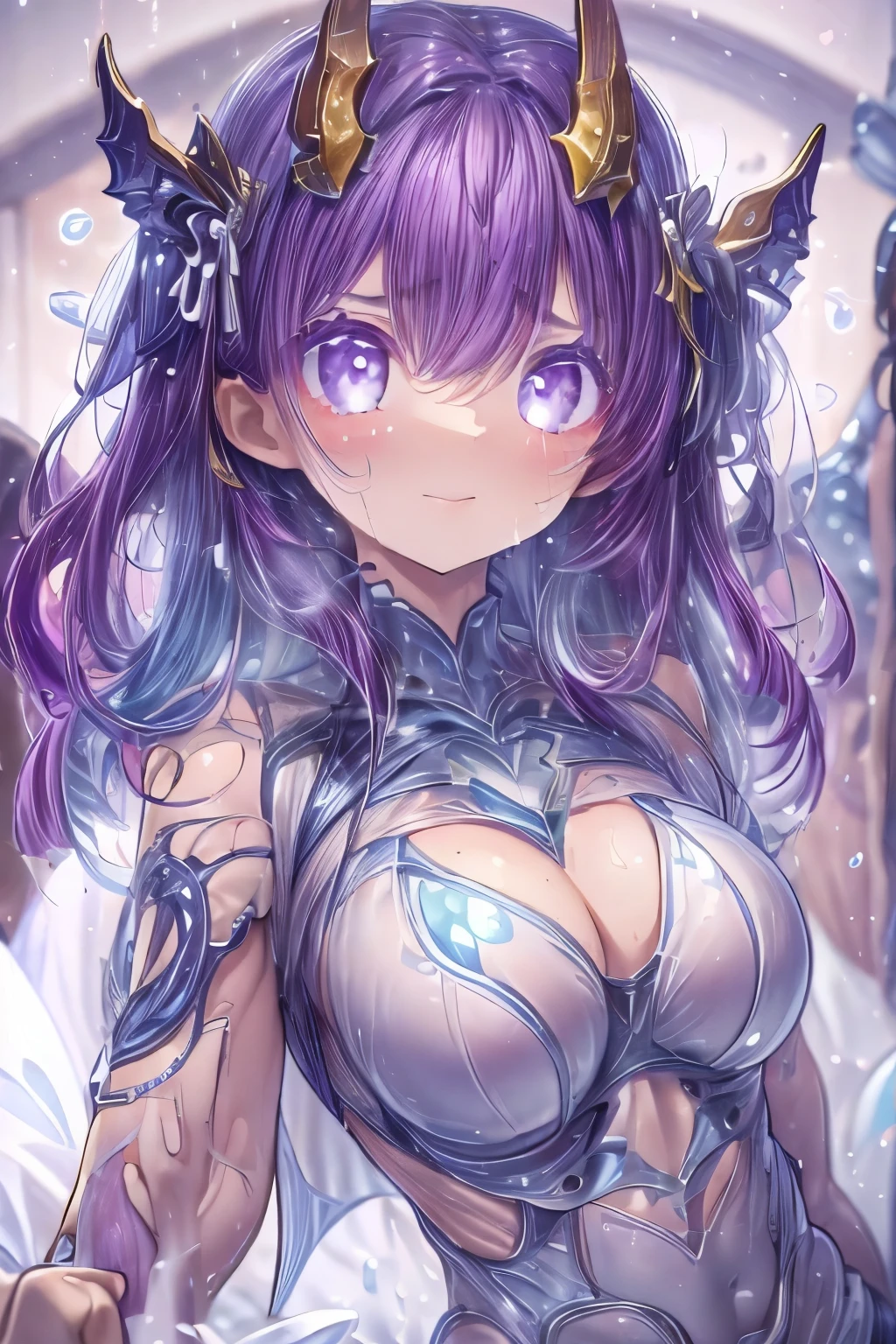 High resolution, masterpiece, Highest quality, Textured skin, Plump Skin、Glowing Skin、One person、Only one person、Rubber Suit、Full Body Tights、Tight fitting clothes、Small breasts、lure、Heterochromia iridis、Odd Eye、Purple Hair、devil、Only one wing is growing、Painful expression、Sweat、hyperpyrexia、Being restrained