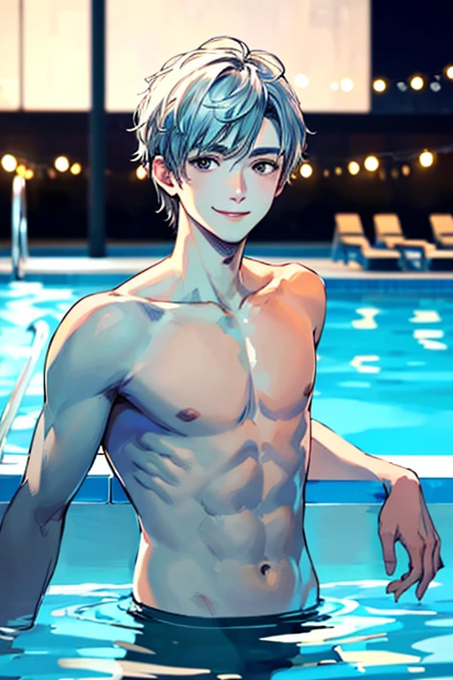 ((masterpiece)), (((best quality))), chromatic lighting,
colorized, white + black limited color palette, 
detailed concept drawing,
swimming pool, nighttime, Shibuya street fashion, no weird object on his face,
portrait, 25yo 1guy, slender, topless, short white hair, black eyes, smiling